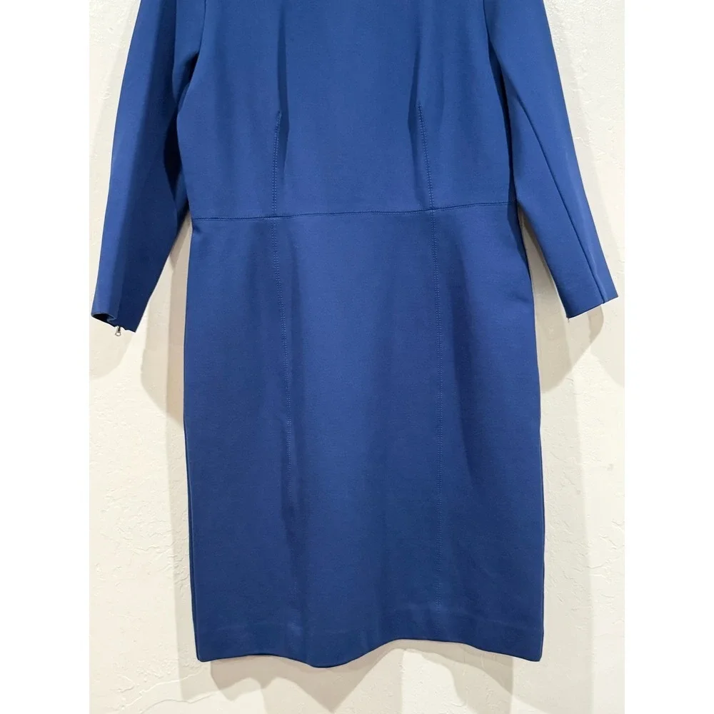 J.Crew Blue Ponte Sheath Dress Size 12 Zipper Cuff 3/4 Sleeve Exposed Back Zip